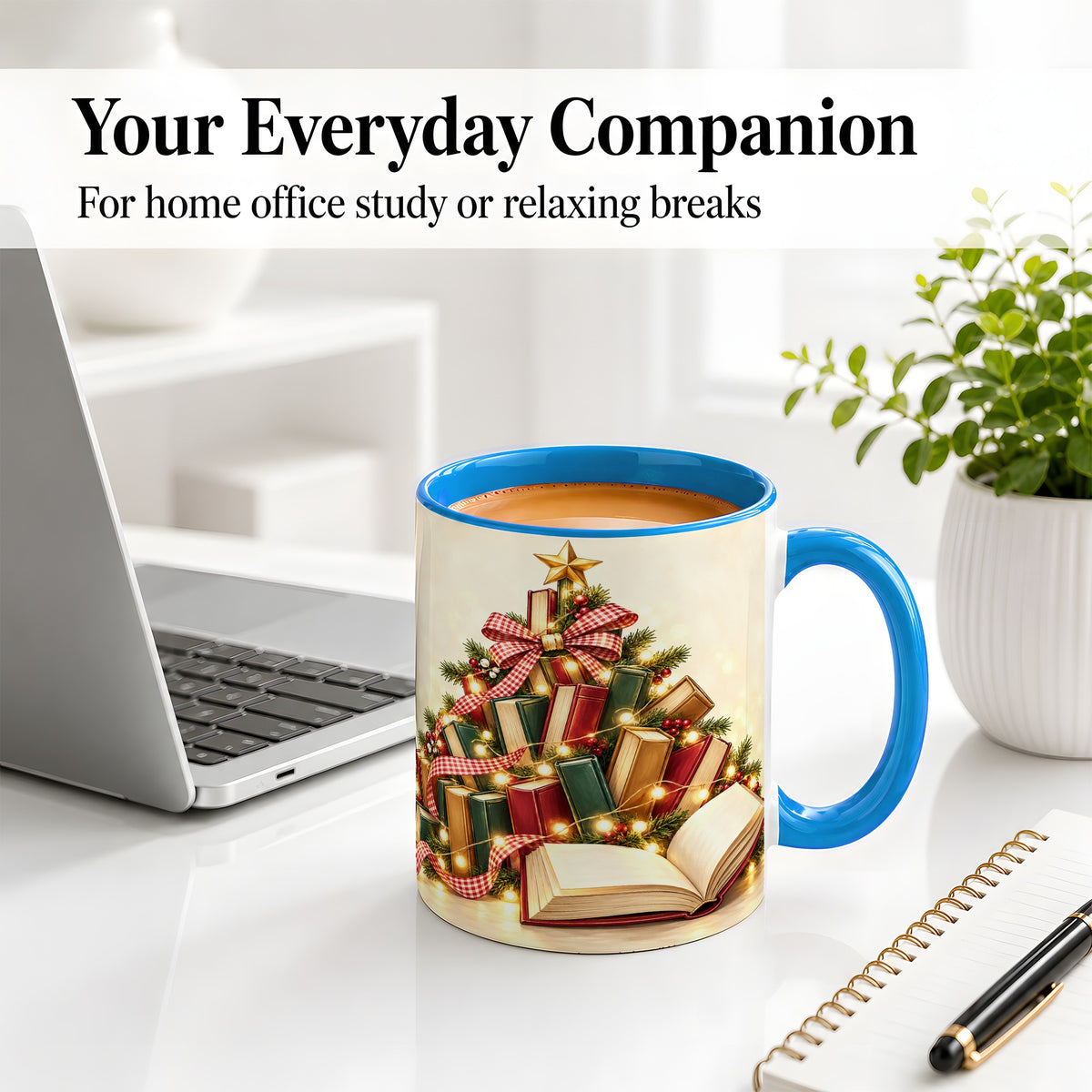 #pl[11oz|Blue] Christmas Book Tree Accent Ceramic Mug, Lights and Ribbon