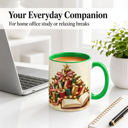 #pl[11oz|Green] Christmas Book Tree Accent Ceramic Mug, Lights and Ribbon