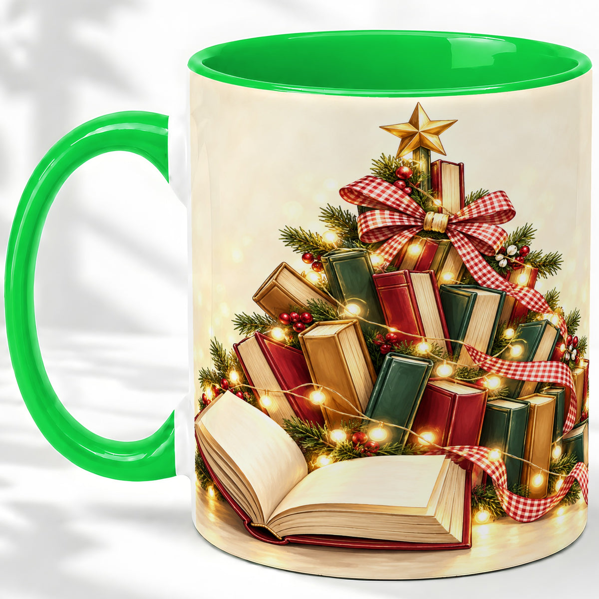 #pl[11oz|Green] Christmas Book Tree Accent Ceramic Mug, Lights and Ribbon