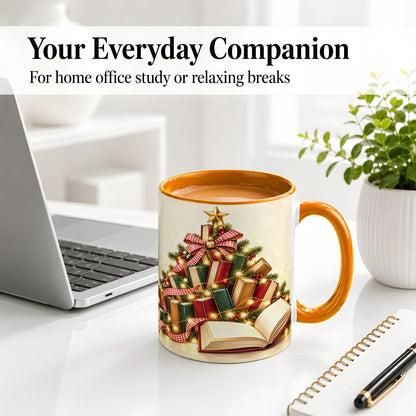 #pl[11oz|Orange] Christmas Book Tree Accent Ceramic Mug, Lights and Ribbon