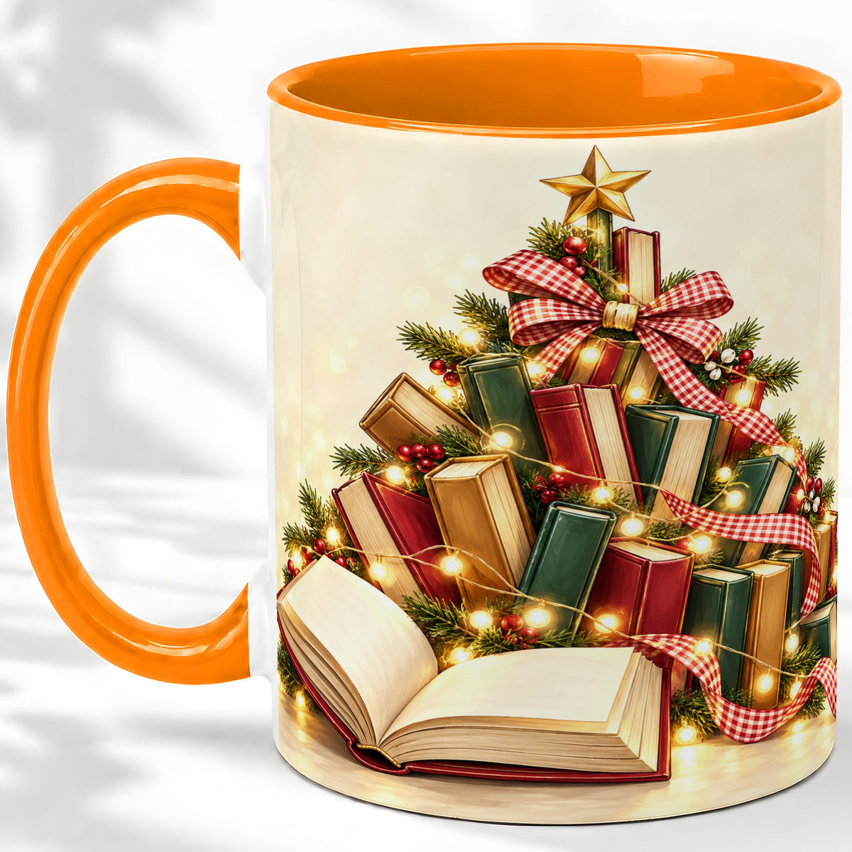 #pl[11oz|Orange] Christmas Book Tree Accent Ceramic Mug, Lights and Ribbon
