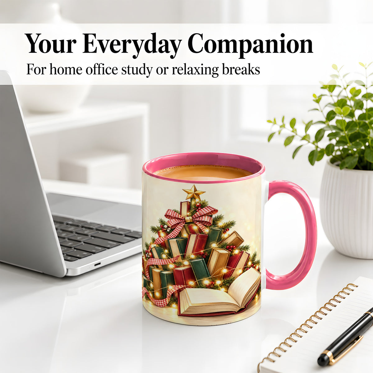 #pl[11oz|Pink] Christmas Book Tree Accent Ceramic Mug, Lights and Ribbon