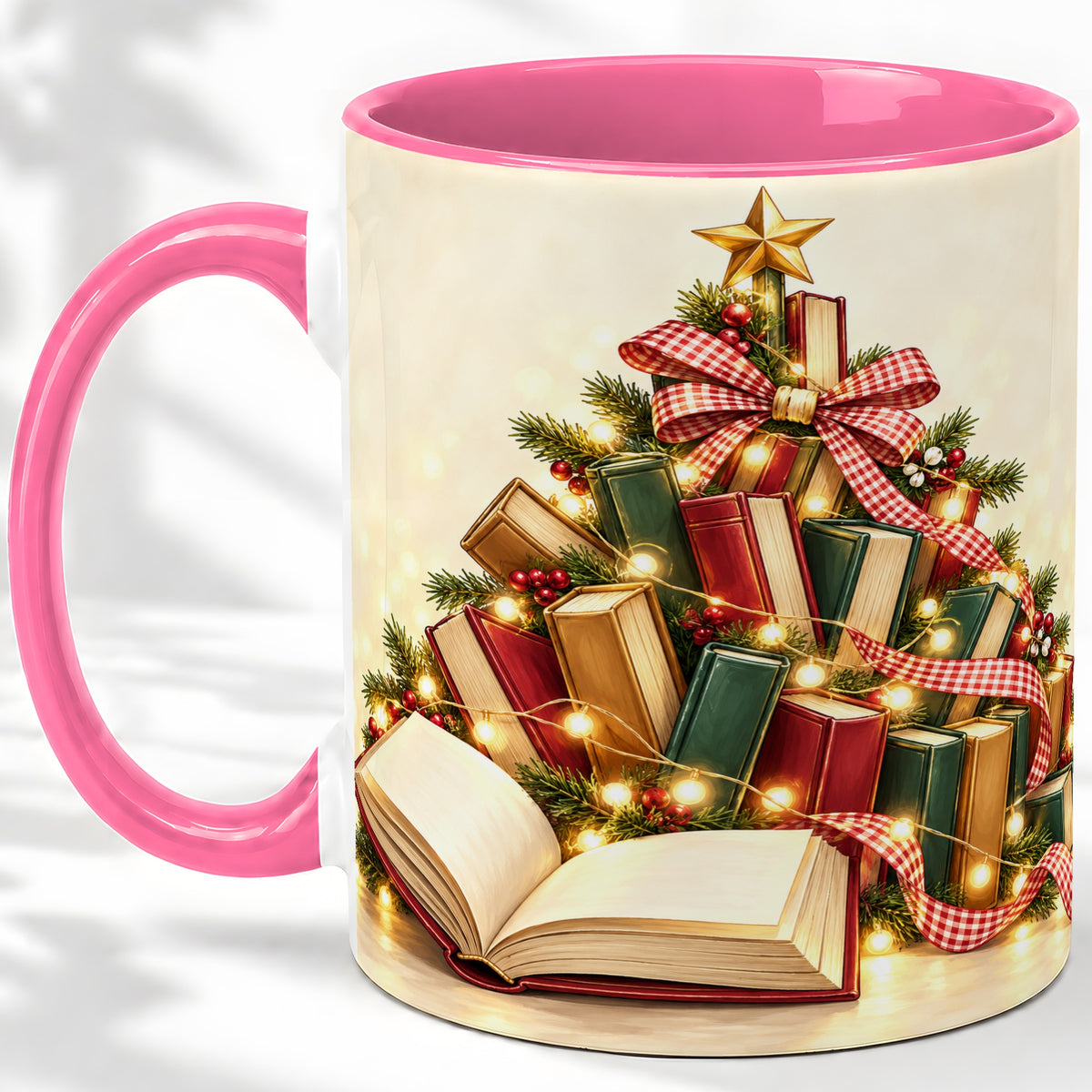 #pl[11oz|Pink] Christmas Book Tree Accent Ceramic Mug, Lights and Ribbon