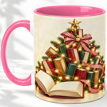 #pl[11oz|Pink] Christmas Book Tree Accent Ceramic Mug, Lights and Ribbon