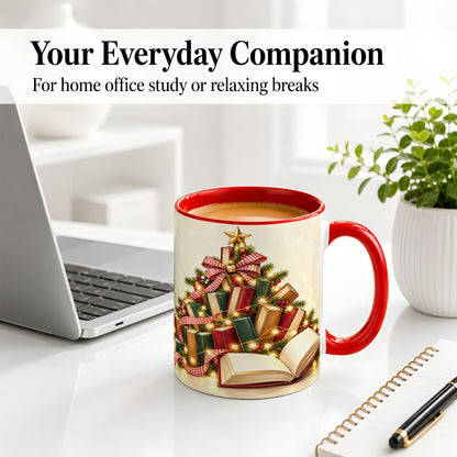 #pl[11oz|Red] Christmas Book Tree Accent Ceramic Mug, Lights and Ribbon