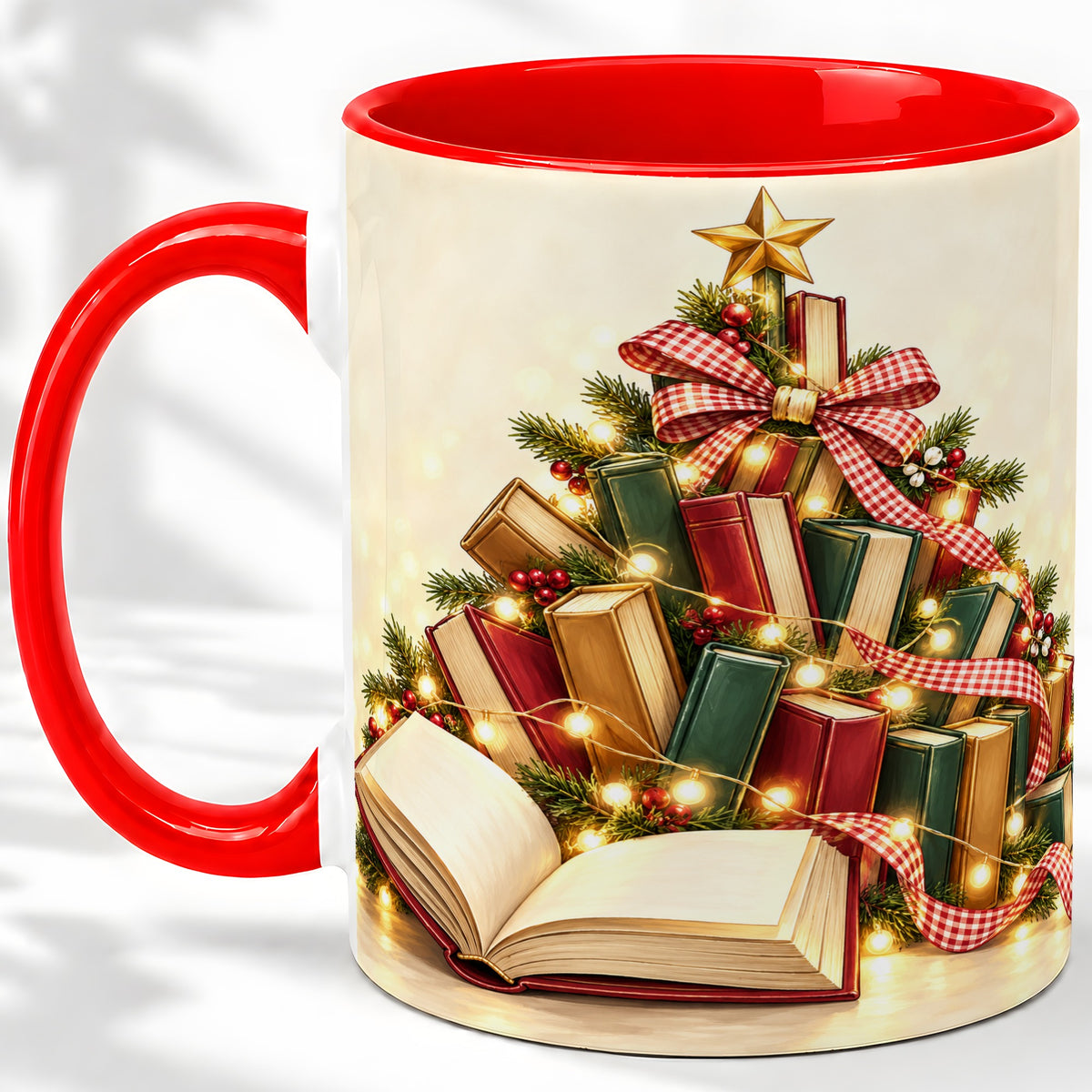 Christmas Book Tree Accent Ceramic Mug, Lights and Ribbon