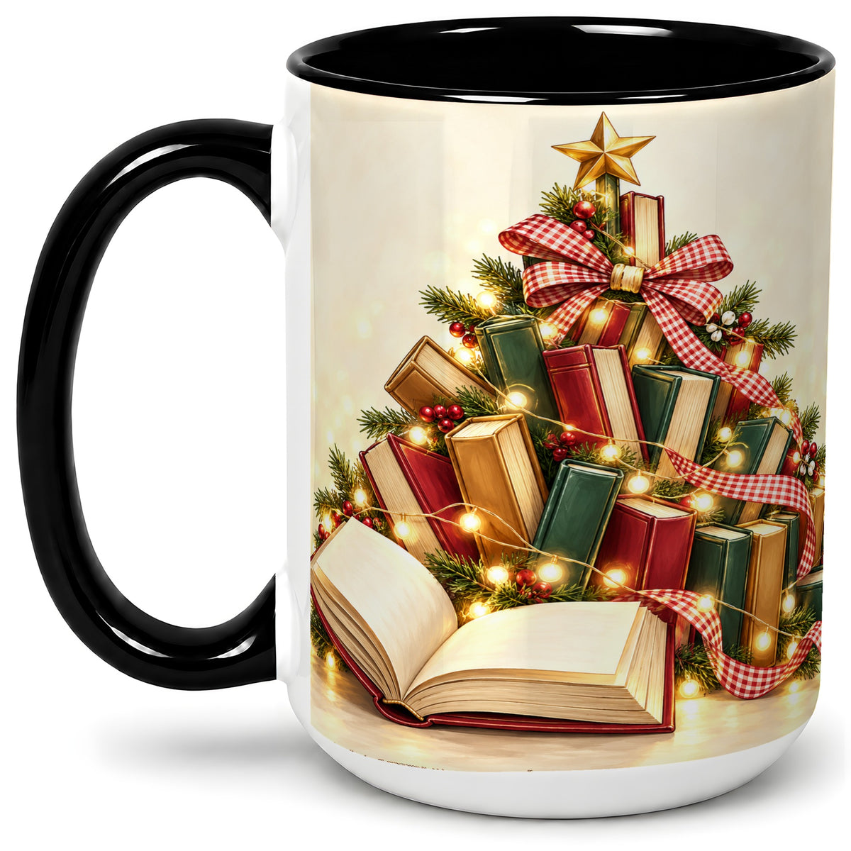 #pl[15oz|Black] Christmas Book Tree Accent Ceramic Mug, Lights and Ribbon