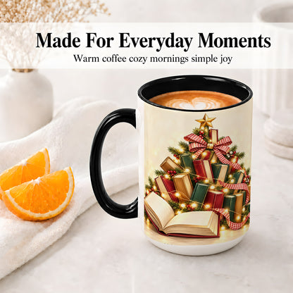 #pl[15oz|Black] Christmas Book Tree Accent Ceramic Mug, Lights and Ribbon