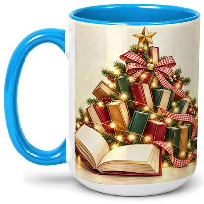 #pl[15oz|Blue] Christmas Book Tree Accent Ceramic Mug, Lights and Ribbon