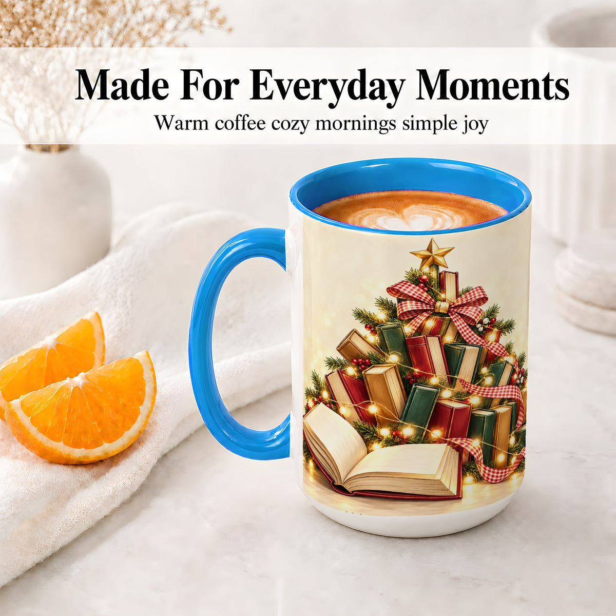 #pl[15oz|Blue] Christmas Book Tree Accent Ceramic Mug, Lights and Ribbon