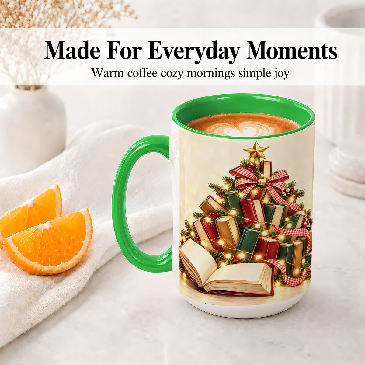 #pl[15oz|Green] Christmas Book Tree Accent Ceramic Mug, Lights and Ribbon