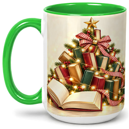 #pl[15oz|Green] Christmas Book Tree Accent Ceramic Mug, Lights and Ribbon