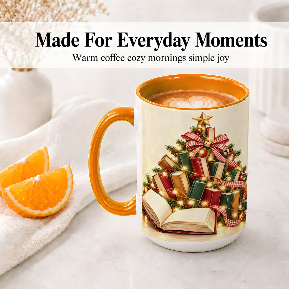 #pl[15oz|Orange] Christmas Book Tree Accent Ceramic Mug, Lights and Ribbon