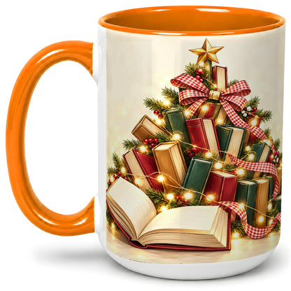 #pl[15oz|Orange] Christmas Book Tree Accent Ceramic Mug, Lights and Ribbon