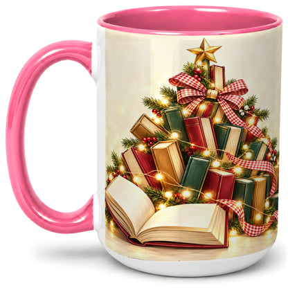 #pl[15oz|Pink] Christmas Book Tree Accent Ceramic Mug, Lights and Ribbon