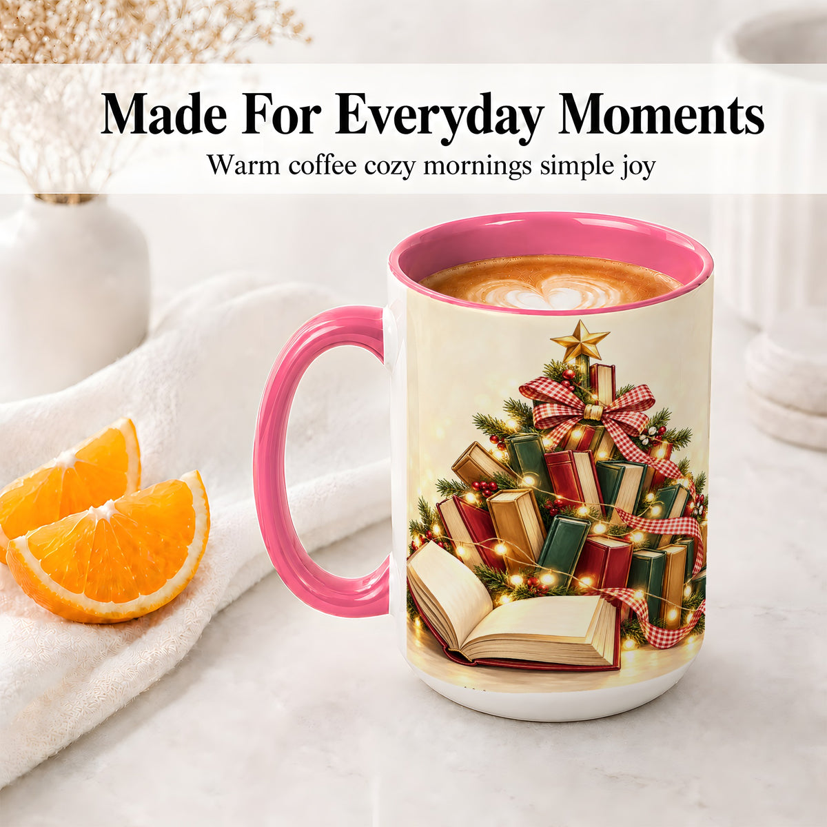 #pl[15oz|Pink] Christmas Book Tree Accent Ceramic Mug, Lights and Ribbon
