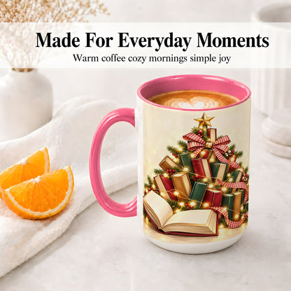 #pl[15oz|Pink] Christmas Book Tree Accent Ceramic Mug, Lights and Ribbon
