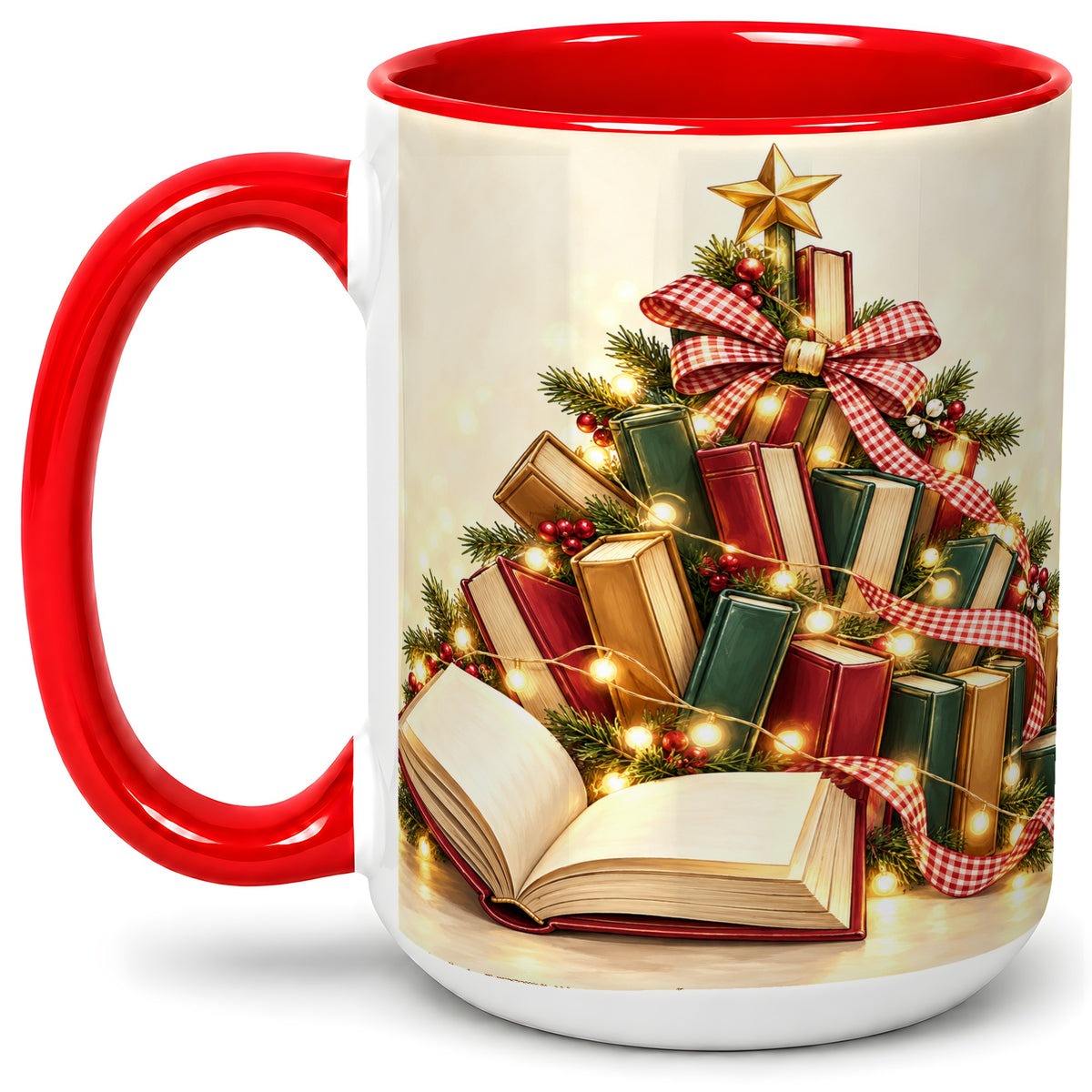 #pl[15oz|Red] Christmas Book Tree Accent Ceramic Mug, Lights and Ribbon