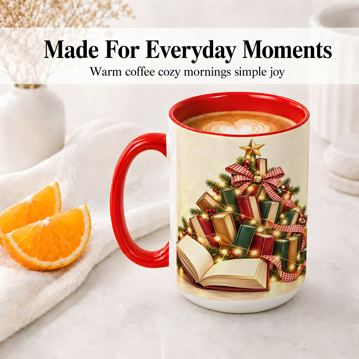 #pl[15oz|Red] Christmas Book Tree Accent Ceramic Mug, Lights and Ribbon