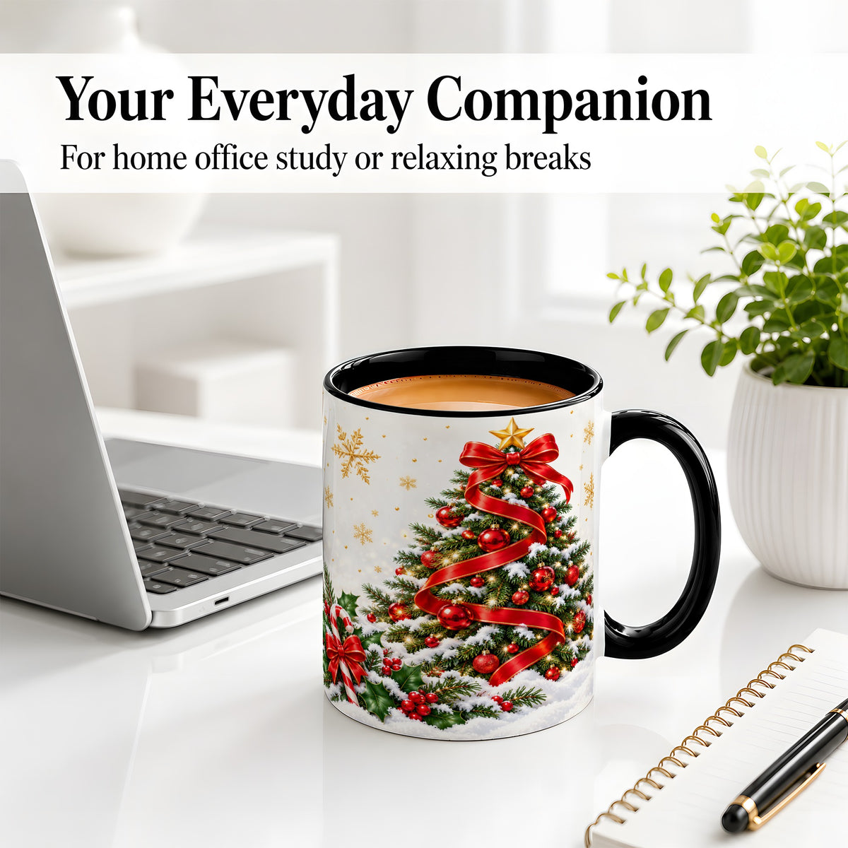 #pl[11oz|Black] Christmas Tree Accent Ceramic Mug, Red Ribbon Candy Cane