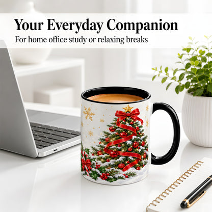 #pl[11oz|Black] Christmas Tree Accent Ceramic Mug, Red Ribbon Candy Cane