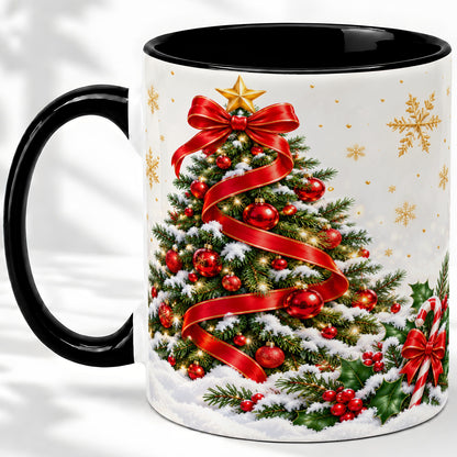#pl[11oz|Black] Christmas Tree Accent Ceramic Mug, Red Ribbon Candy Cane