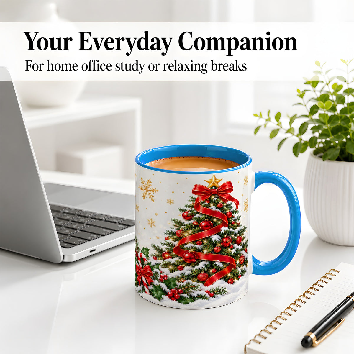 #pl[11oz|Blue] Christmas Tree Accent Ceramic Mug, Red Ribbon Candy Cane