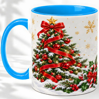 #pl[11oz|Blue] Christmas Tree Accent Ceramic Mug, Red Ribbon Candy Cane
