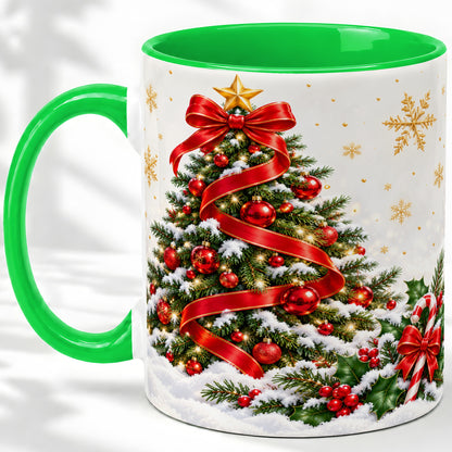 #pl[11oz|Green] Christmas Tree Accent Ceramic Mug, Red Ribbon Candy Cane
