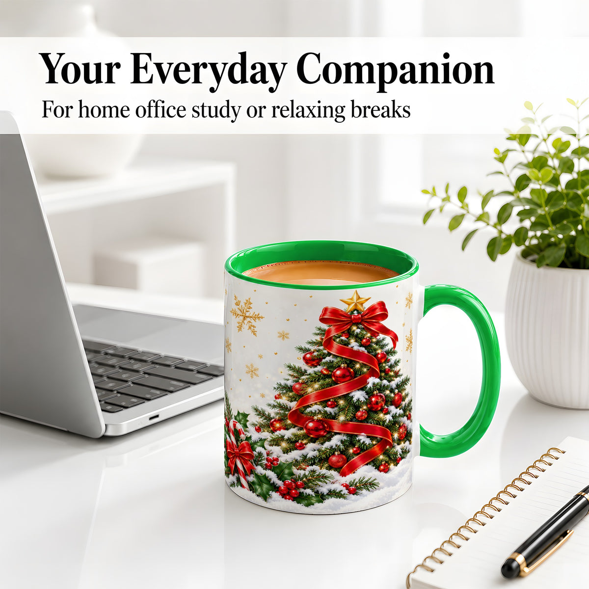 #pl[11oz|Green] Christmas Tree Accent Ceramic Mug, Red Ribbon Candy Cane