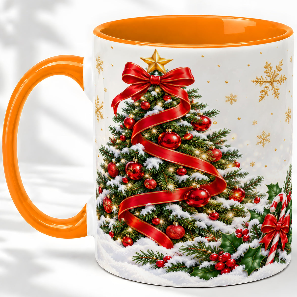 #pl[11oz|Orange] Christmas Tree Accent Ceramic Mug, Red Ribbon Candy Cane