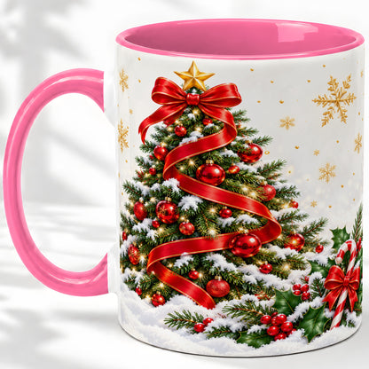 #pl[11oz|Pink] Christmas Tree Accent Ceramic Mug, Red Ribbon Candy Cane