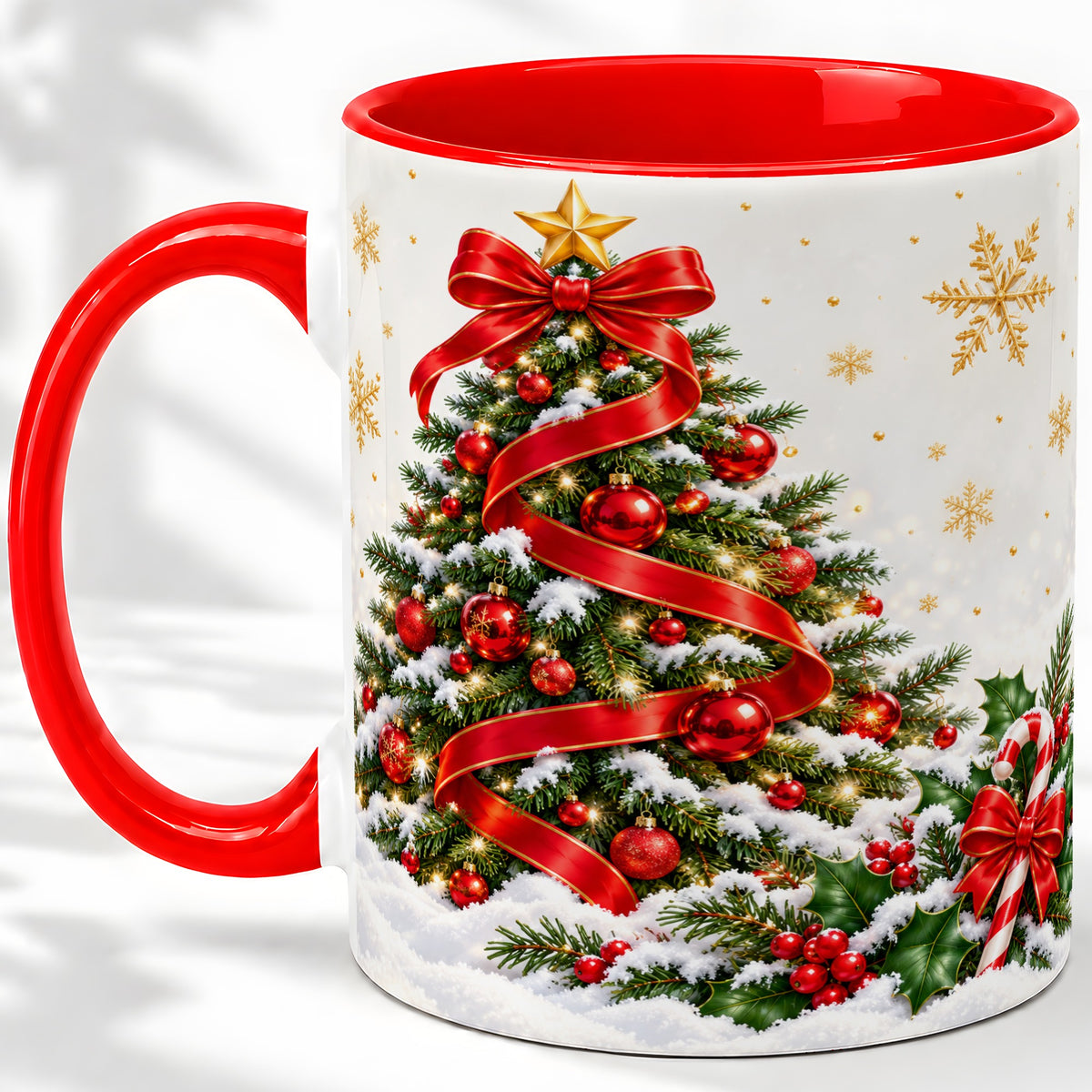Christmas Tree Accent Ceramic Mug, Red Ribbon Candy Cane