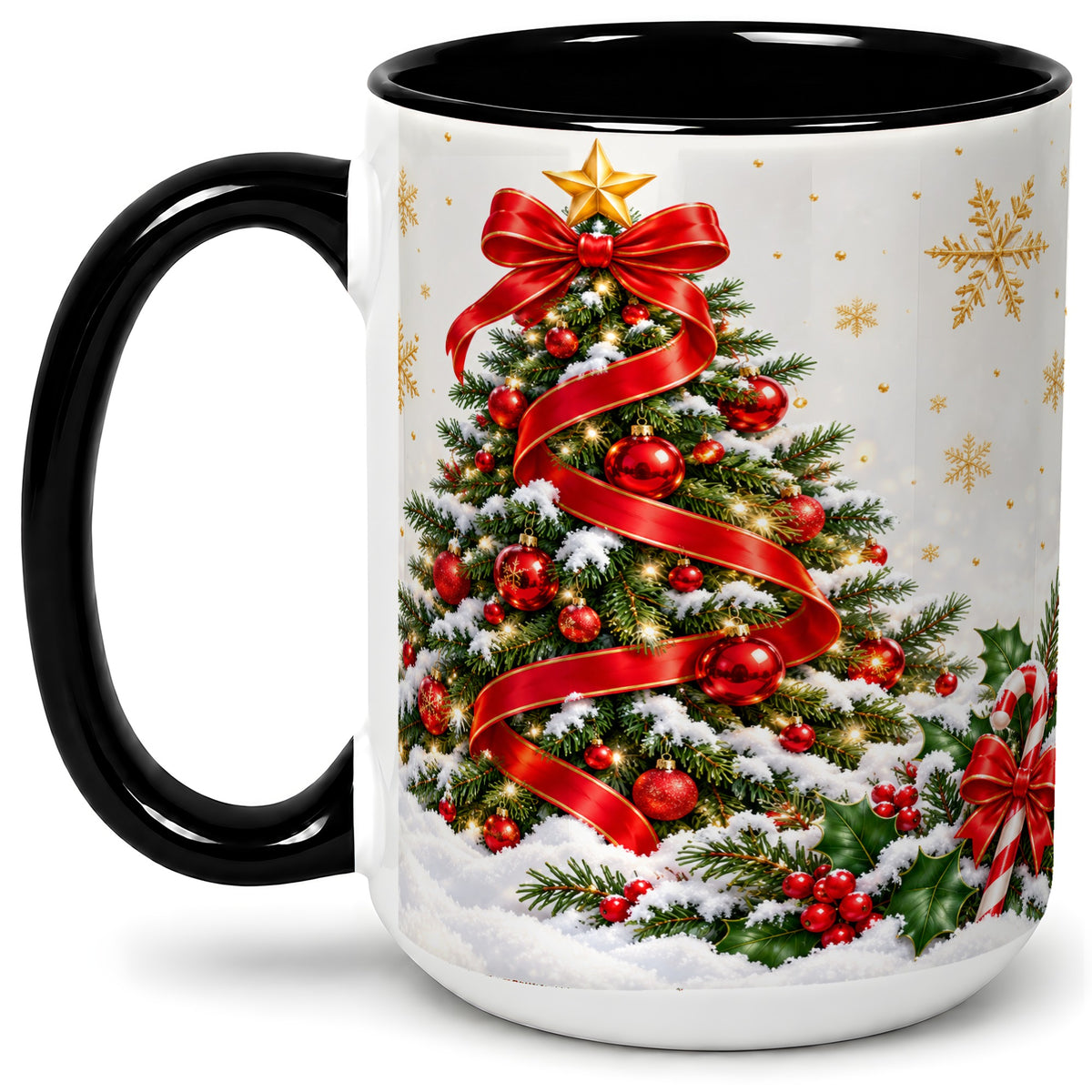 #pl[15oz|Black] Christmas Tree Accent Ceramic Mug, Red Ribbon Candy Cane