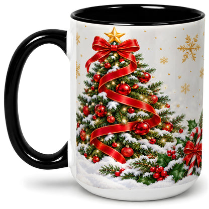 #pl[15oz|Black] Christmas Tree Accent Ceramic Mug, Red Ribbon Candy Cane