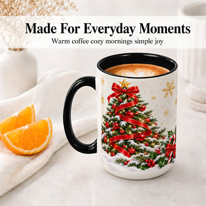 #pl[15oz|Black] Christmas Tree Accent Ceramic Mug, Red Ribbon Candy Cane