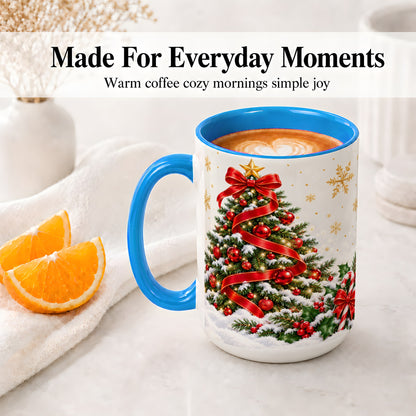 #pl[15oz|Blue] Christmas Tree Accent Ceramic Mug, Red Ribbon Candy Cane