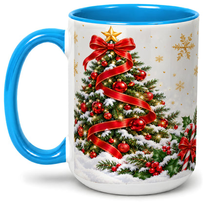 #pl[15oz|Blue] Christmas Tree Accent Ceramic Mug, Red Ribbon Candy Cane