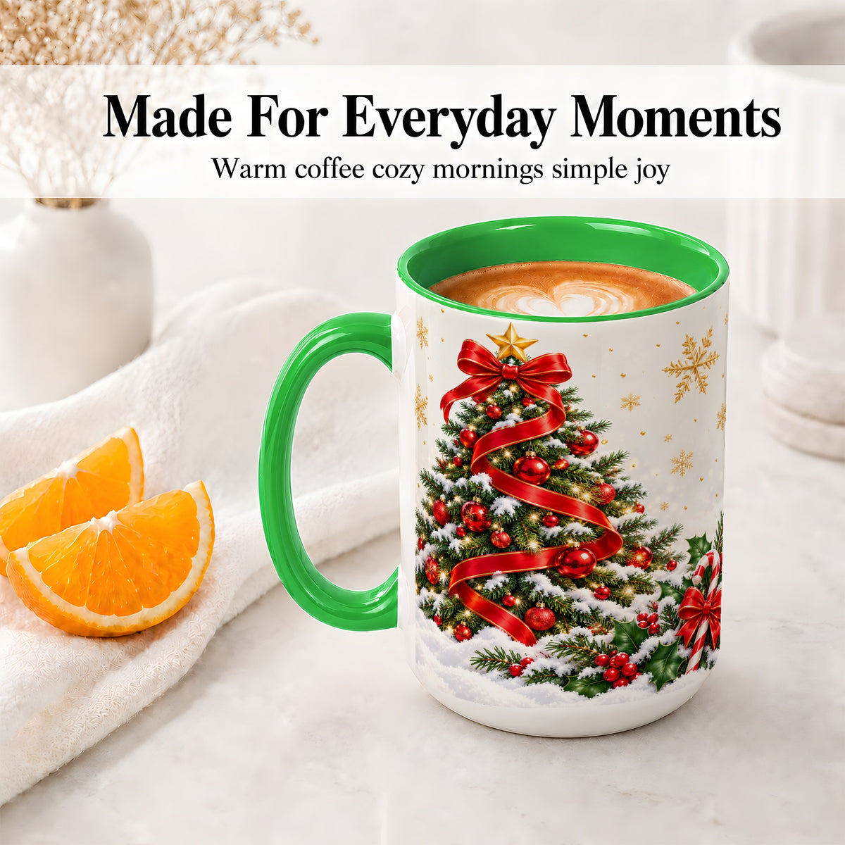 #pl[15oz|Green] Christmas Tree Accent Ceramic Mug, Red Ribbon Candy Cane
