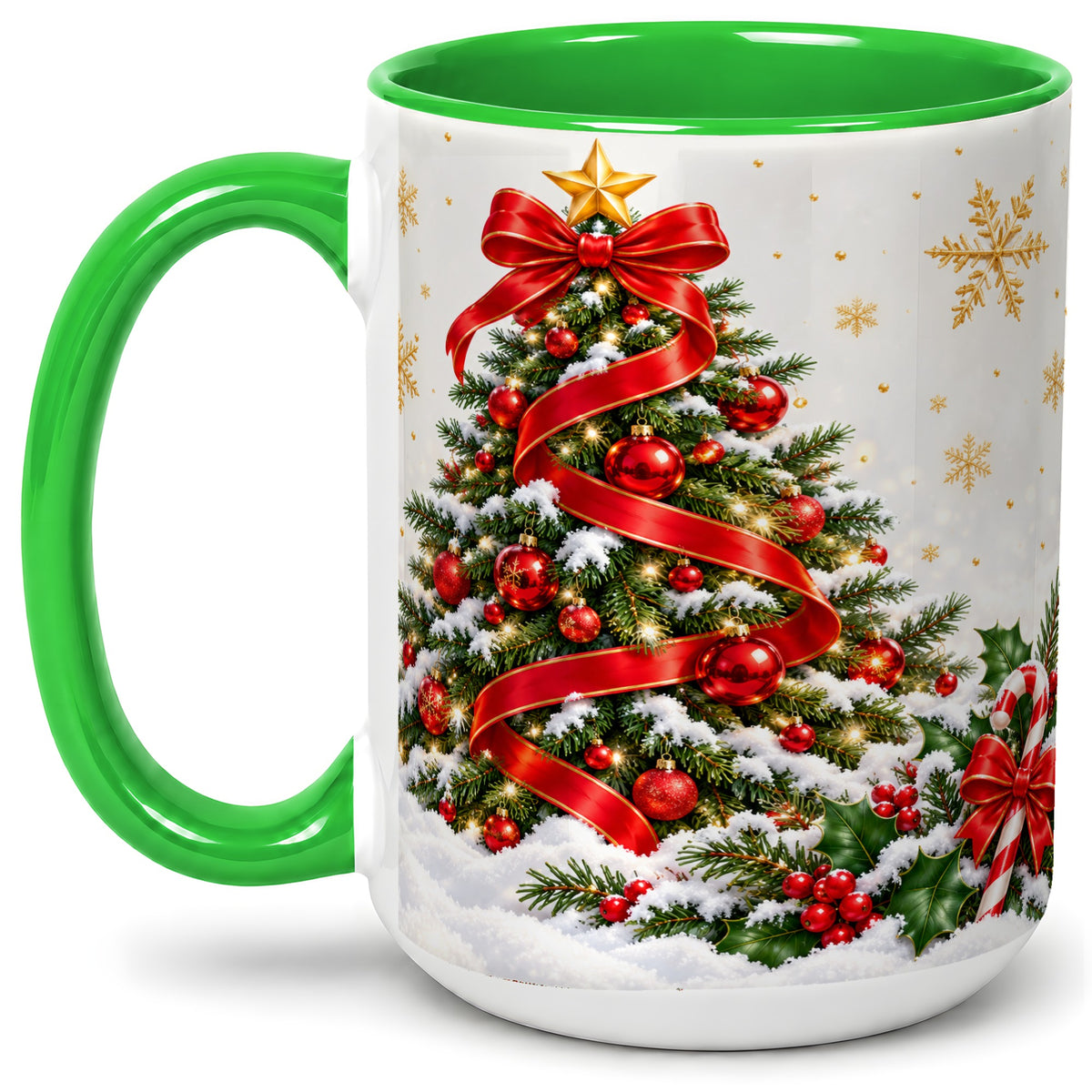 #pl[15oz|Green] Christmas Tree Accent Ceramic Mug, Red Ribbon Candy Cane