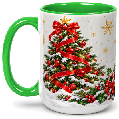 #pl[15oz|Green] Christmas Tree Accent Ceramic Mug, Red Ribbon Candy Cane