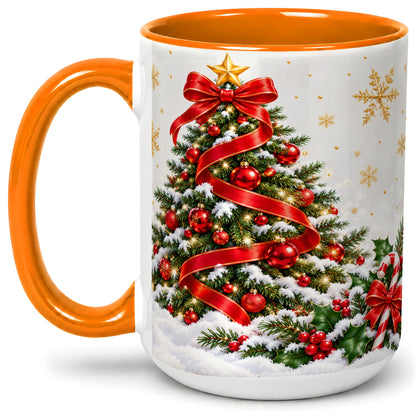 #pl[15oz|Orange] Christmas Tree Accent Ceramic Mug, Red Ribbon Candy Cane