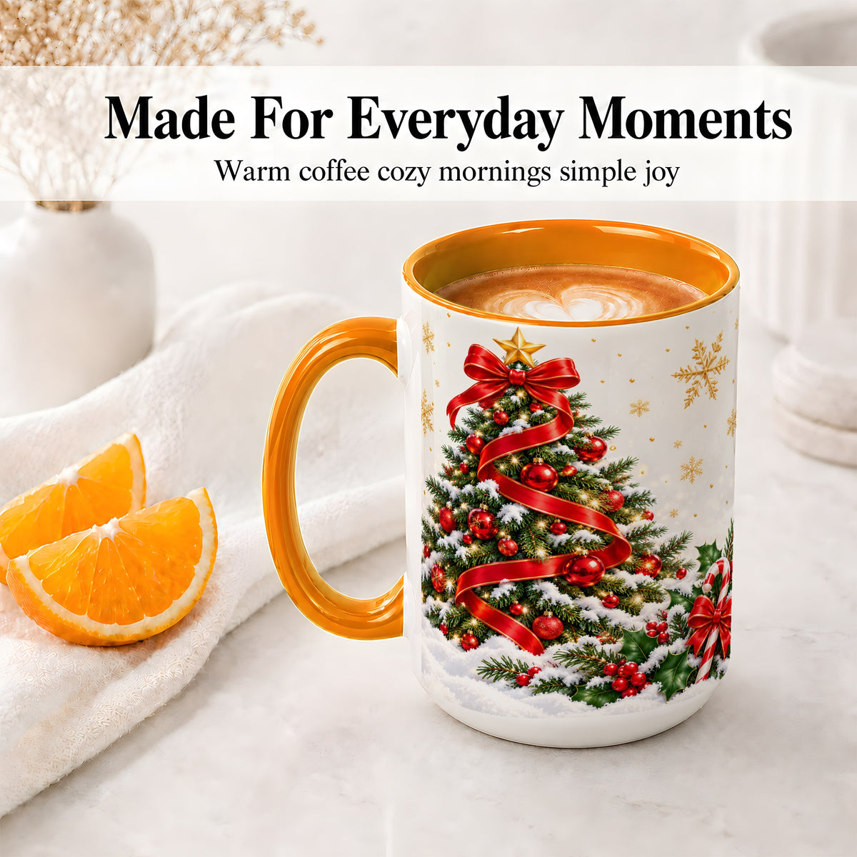 #pl[15oz|Orange] Christmas Tree Accent Ceramic Mug, Red Ribbon Candy Cane