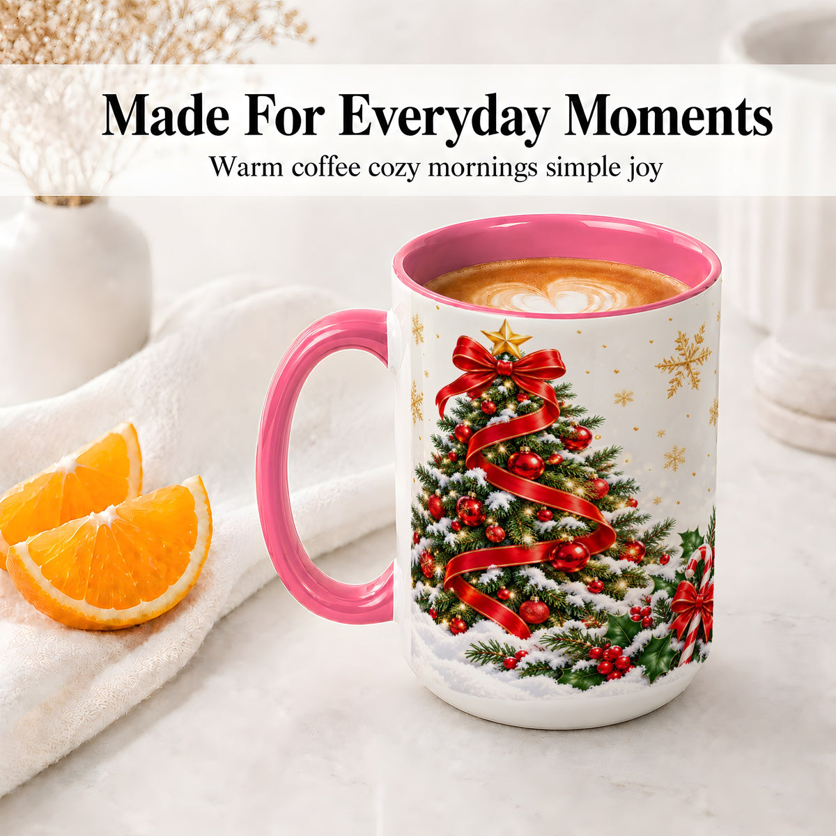 #pl[15oz|Pink] Christmas Tree Accent Ceramic Mug, Red Ribbon Candy Cane