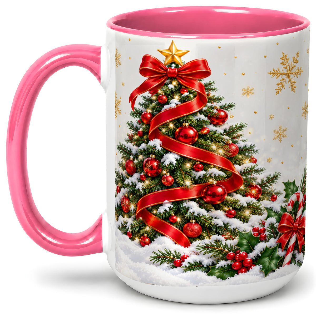 #pl[15oz|Pink] Christmas Tree Accent Ceramic Mug, Red Ribbon Candy Cane