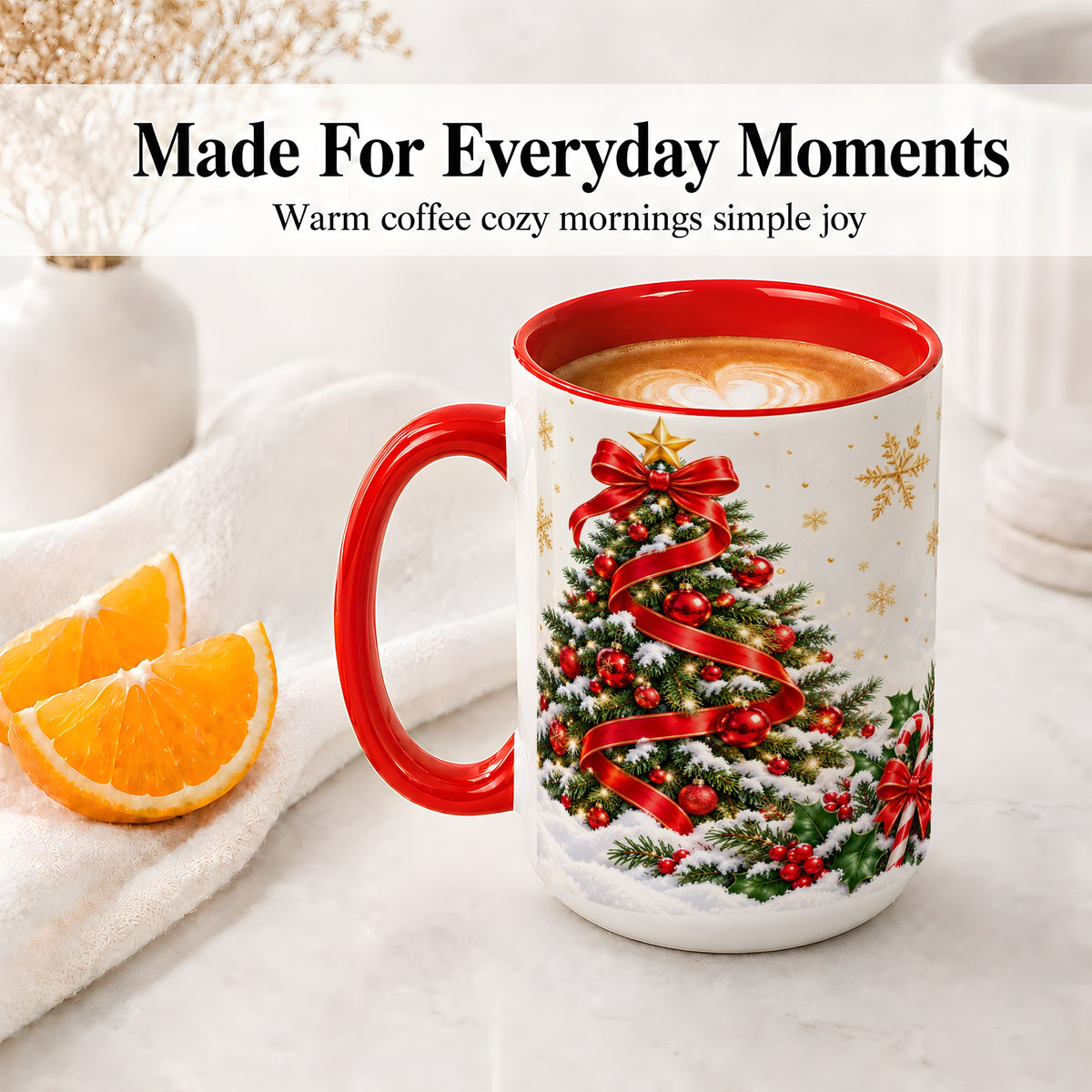 #pl[15oz|Red] Christmas Tree Accent Ceramic Mug, Red Ribbon Candy Cane