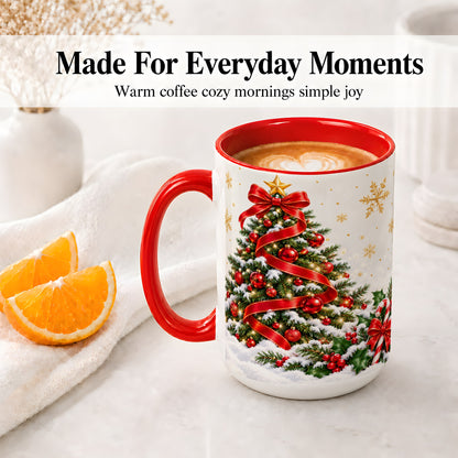 #pl[15oz|Red] Christmas Tree Accent Ceramic Mug, Red Ribbon Candy Cane