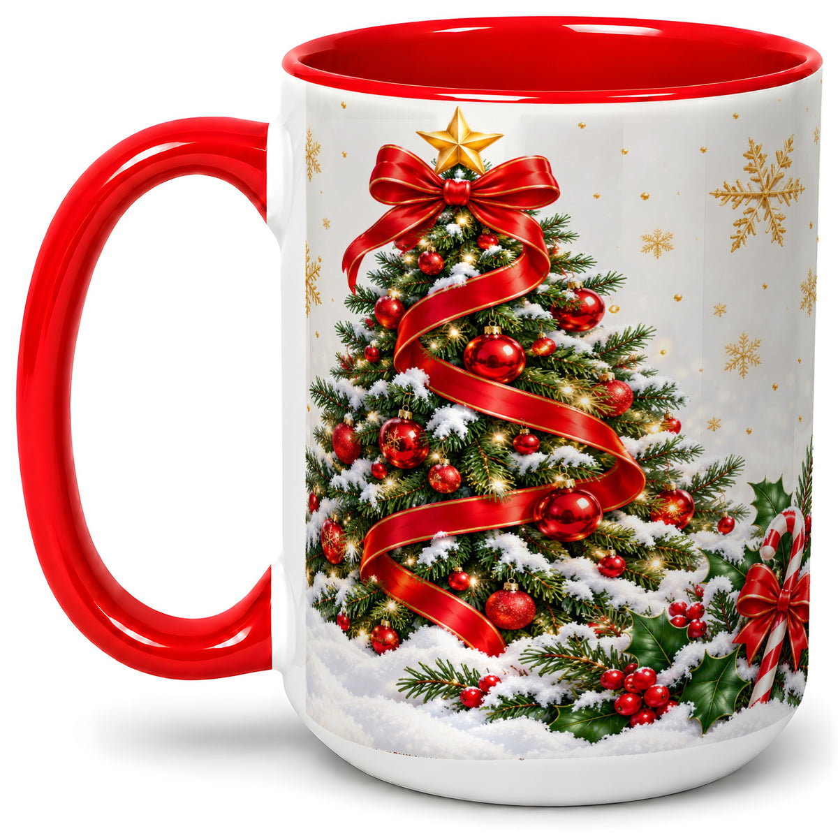 #pl[15oz|Red] Christmas Tree Accent Ceramic Mug, Red Ribbon Candy Cane