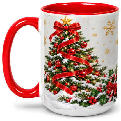 #pl[15oz|Red] Christmas Tree Accent Ceramic Mug, Red Ribbon Candy Cane