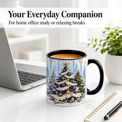 #pl[11oz|Black] Blue White Christmas Trees Accent Ceramic Mug, Gold Ornaments